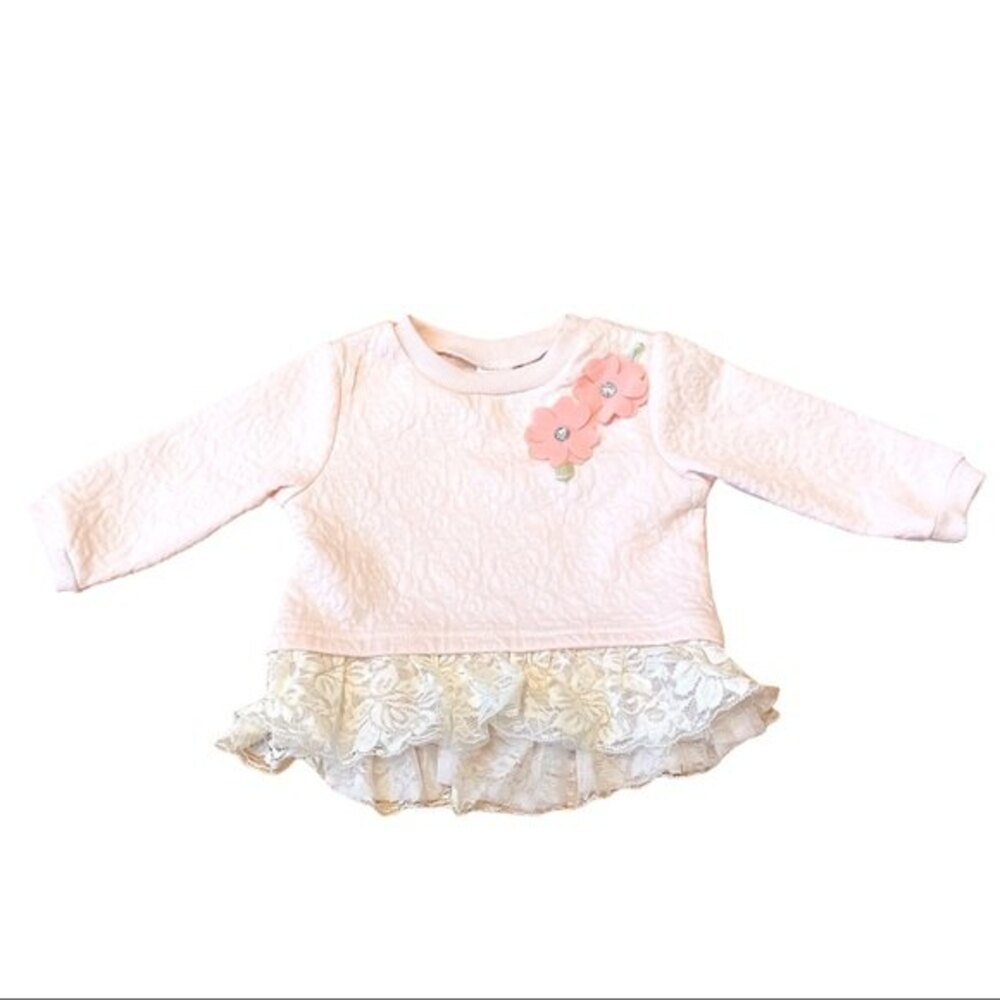 Youngland Baby Blush Pink Rose Imprinted Long Sleeve Tulle Lace Top 12M Infant